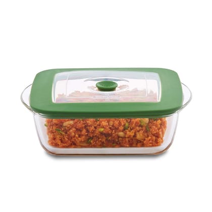 Borosil 1000ml Baking & Serving Square Shape Dish with Handle & Green Lid | Borosilicate Glass Bakeware and Serveware Casserole Dish Tray | Microwave, Oven & Dishwasher Safe Bowl | Transparent