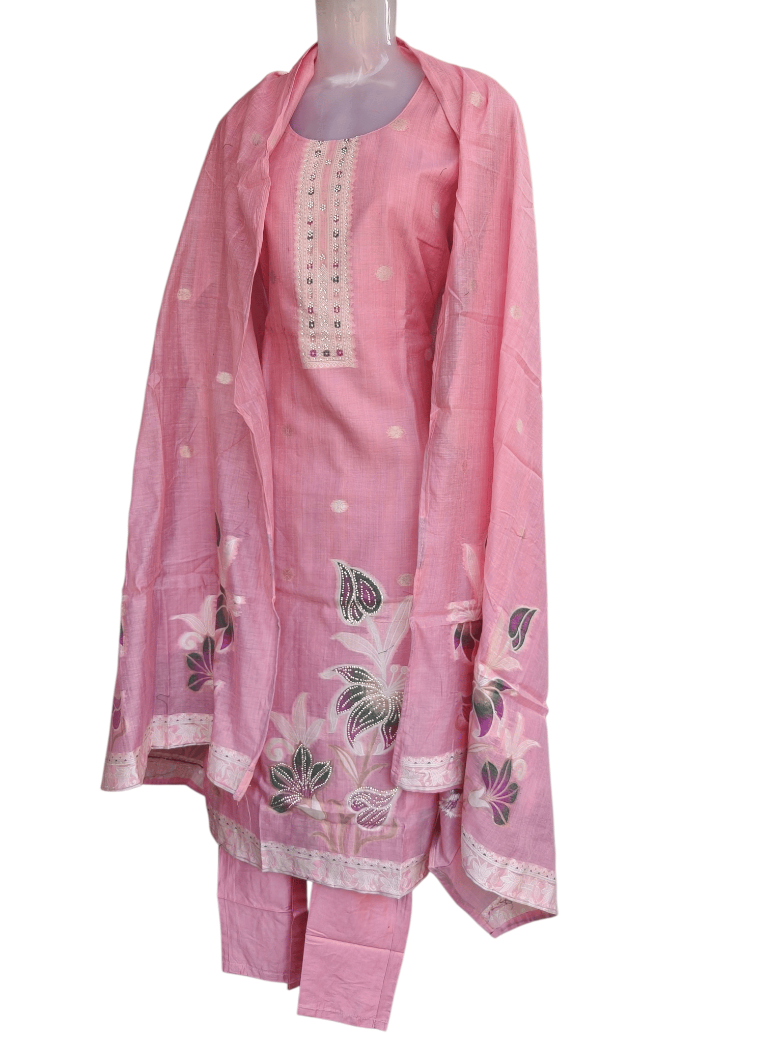 Blush Pink Chanderi Silk Hand-Painted Floral Salwar Suit Set with Embroidered Yoke