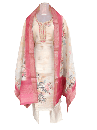 Floral Digital Print Dola Silk Salwar Suit with Hand-Embroidered Neckline & Banarasi Border Dupatta