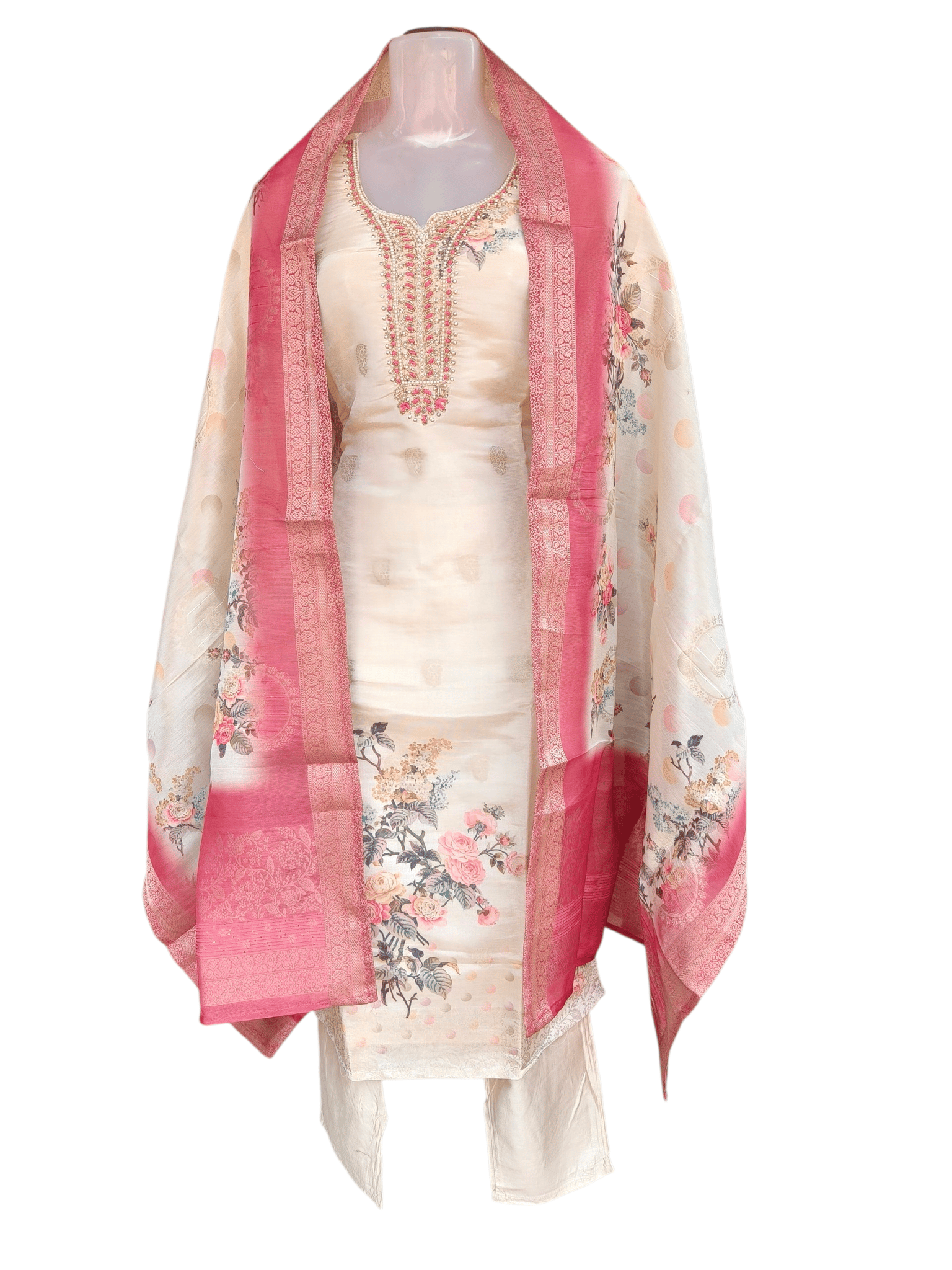 Floral Digital Print Dola Silk Salwar Suit with Hand-Embroidered Neckline & Banarasi Border Dupatta