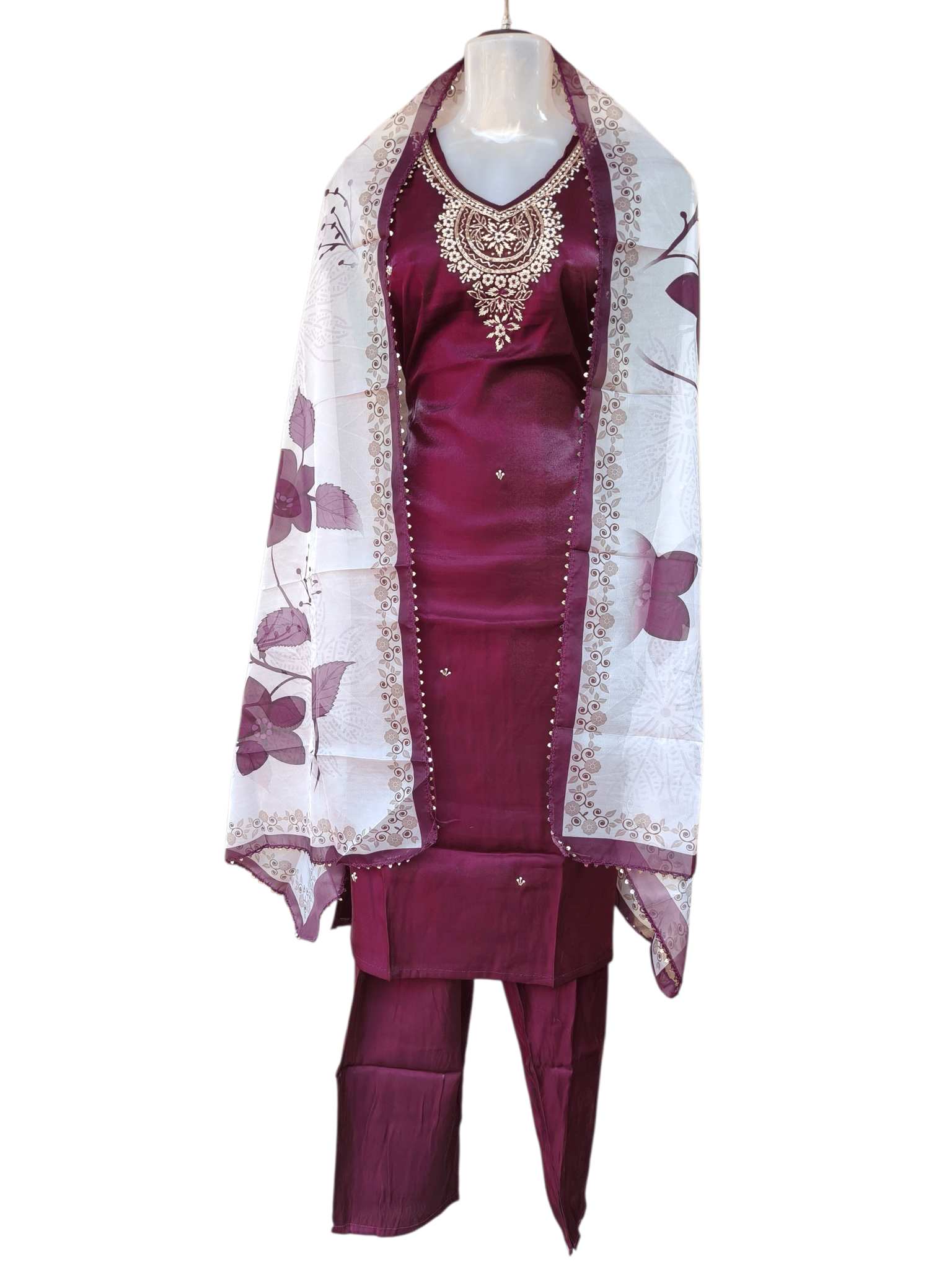 Wine Embroidered Silk Salwar Suit with Floral Organza Dupatta