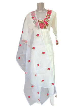 Off-White Chanderi Silk Anarkali Suit Set with Floral Resham Embroidery & Organza Dupatta