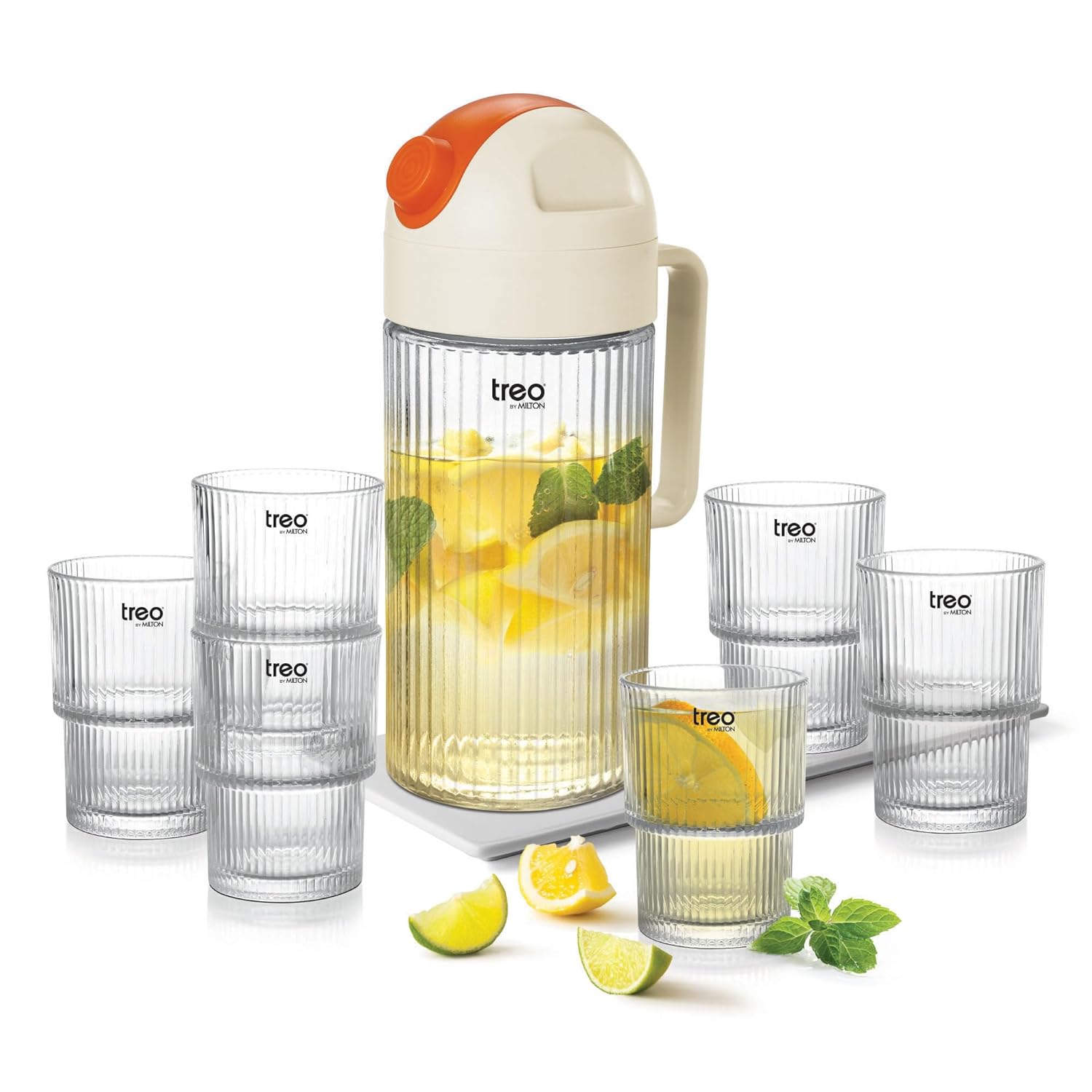 Treo By Milton Borosilicate Spritz Lemon Glass Set With Jug, (6 Glasses - 190 ml Each, Jug - 1100 ml), Set of 7, Transparent | Microwave Safe | Odour Free | Scratch Resistance