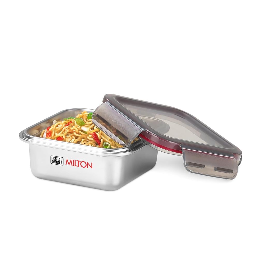 MILTON Modulo Steel Square 450 Container with lock lid|Airtight & Leakproof|Microwave & Oven safe| Light Weight | School, Office or Picnic use, 400 ml, Silver