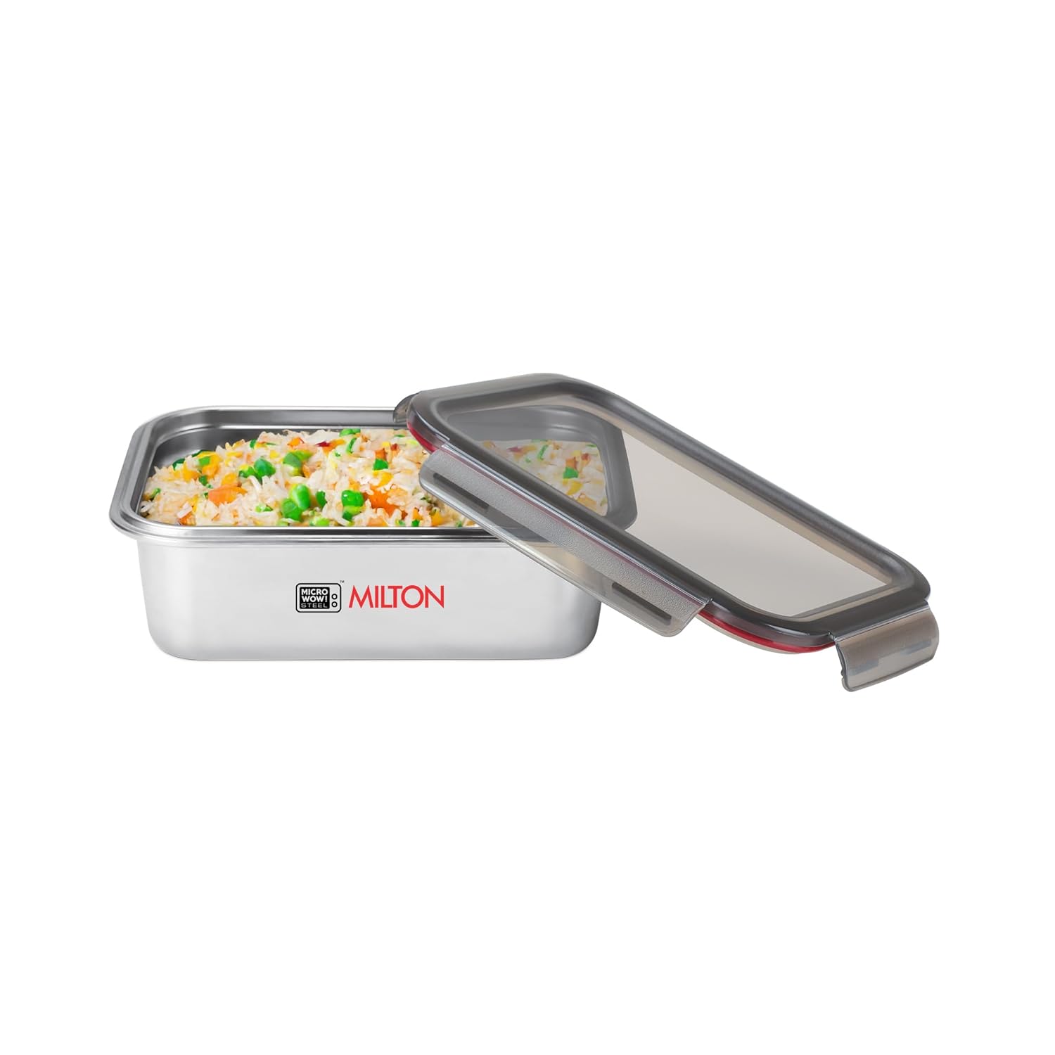 MILTON Modulo Steel Square 450 Container with lock lid|Airtight & Leakproof|Microwave & Oven safe| Light Weight | School, Office or Picnic use, 400 ml, Silver