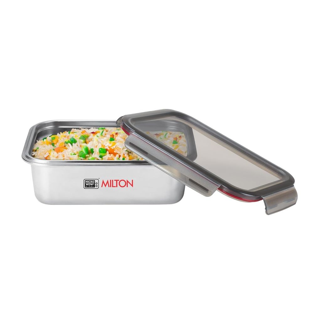 MILTON Modulo Steel Square 450 Container with lock lid|Airtight & Leakproof|Microwave & Oven safe| Light Weight | School, Office or Picnic use, 400 ml, Silver