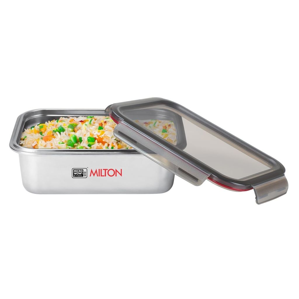 MILTON Modulo Steel Square 450 Container with lock lid|Airtight & Leakproof|Microwave & Oven safe| Light Weight | School, Office or Picnic use, 400 ml, Silver