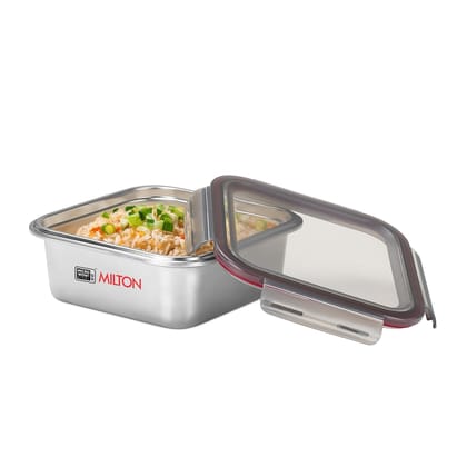 MILTON Modulo Steel Square 450 Container with lock lid|Airtight & Leakproof|Microwave & Oven safe| Light Weight | School, Office or Picnic use, 400 ml, Silver