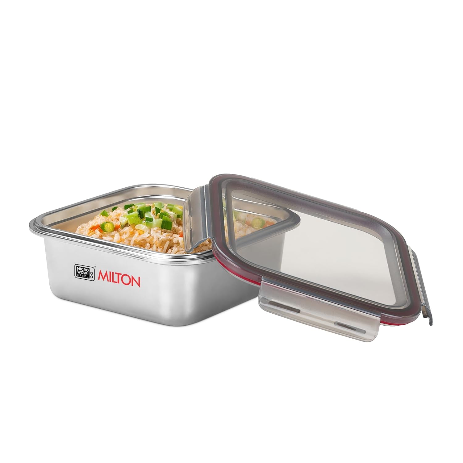 MILTON Modulo Steel Square 450 Container with lock lid|Airtight & Leakproof|Microwave & Oven safe| Light Weight | School, Office or Picnic use, 400 ml, Silver