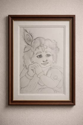 Divine Bal Krishna Pencil Sketch – A4 Size Framed Wall Art