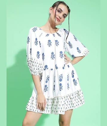 Oxolloxo Women Viscose Rayon Printed A-line Dress ( White )