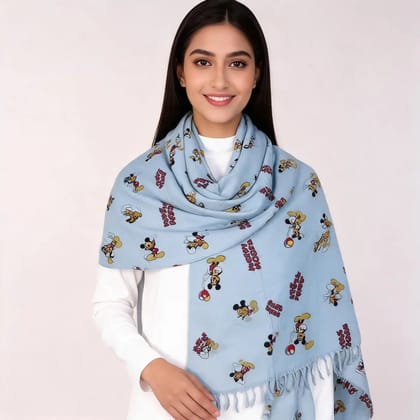 Light Blue Cotton Cartoon Print Shawl For Women