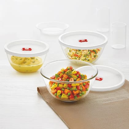 Borosil Tuff-Glass Everyday Mixing & Serving Bowl Set - (500/750/1000)ML with Lid , Transparent
