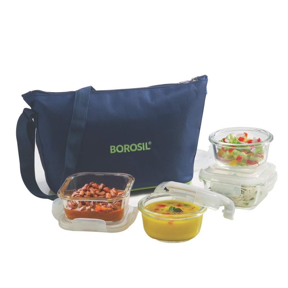 Borosil Klip n Store Daisy Lunchbox with Bag | 4pc (320ml x 2 Square + 240ml x 2 Round) Container Set | Made in India Borosilicate Glass | Microwave & Dishwasher Safe Tiffin for Office, School