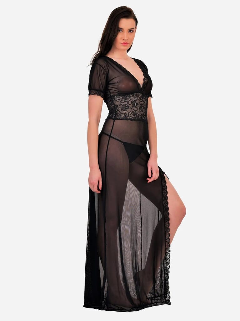 Sexy Deep V Neck Hot Honeymoon Maxi Night Dress Nightwear with G-String Panty Trendy Night Gown for Women - Nightwear & Loungewear | Buy online on ZillyBuy