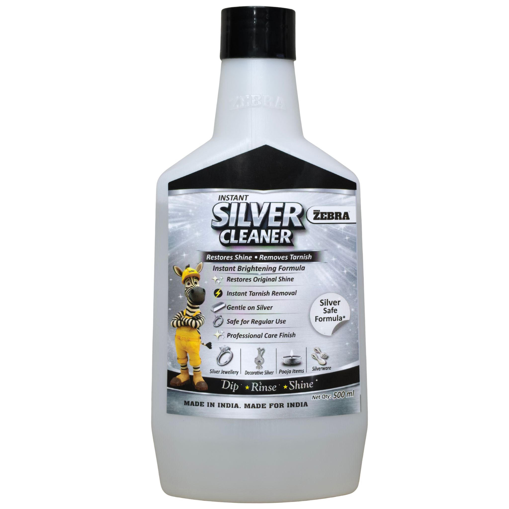 SUNA ZEBRA Instant Silver Cleaner Liquid – Dip Rinse Shine Formula | Removes Tarnish & Restores Original Silver Shine | Safe for Jewellery, Pooja Items & Silverware | 500 ml