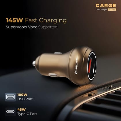 LAPCARE CARGE 145W Car Charger with Dual Output, Type C (45W) PD/PPS, USB Port (100w), Compatible for Smartphones, USB Devices (Copper & Golden)