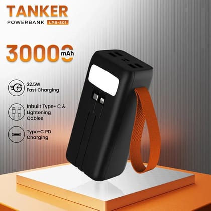 Lapcare Tanker 30000Mah Powerbank,Metallic Body|4X USB & 22.5W QC PD3.0 Type-C Micro USB Input Fast Charging with Dual Attached Cable for iPhone & Android Devices|Multi Layer Protection|Made in India