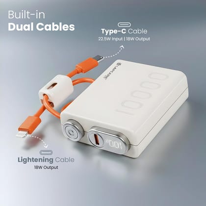 Lapcare Royale 10000mAh Pocket Power Bank | Dual in-Built Cables (Type-C & Lightning) | Dual Type-C Port & 22.5W Fast Charging | Smart LED Display | Compact Size | Made in India