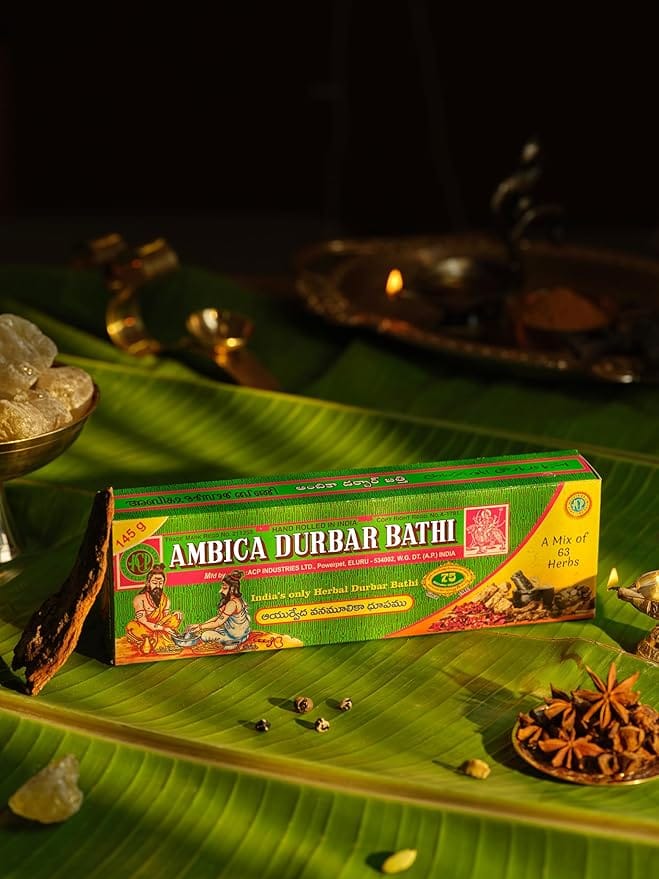 Ambica Durbar Bathi | Made with 63 Sacred Herbs | 220 g, Hand Rolled, Long Lasting | Homam in a Stick | 100% Organic Incense Sticks for Pooja, Meditation | Made in India | Pack of 2 - Pooja Needs | Buy online on ZillyBuy