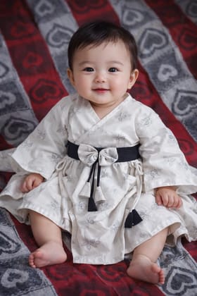 Infant White Cotton Kimono Style Dress with Butterfly Print and Black Belt