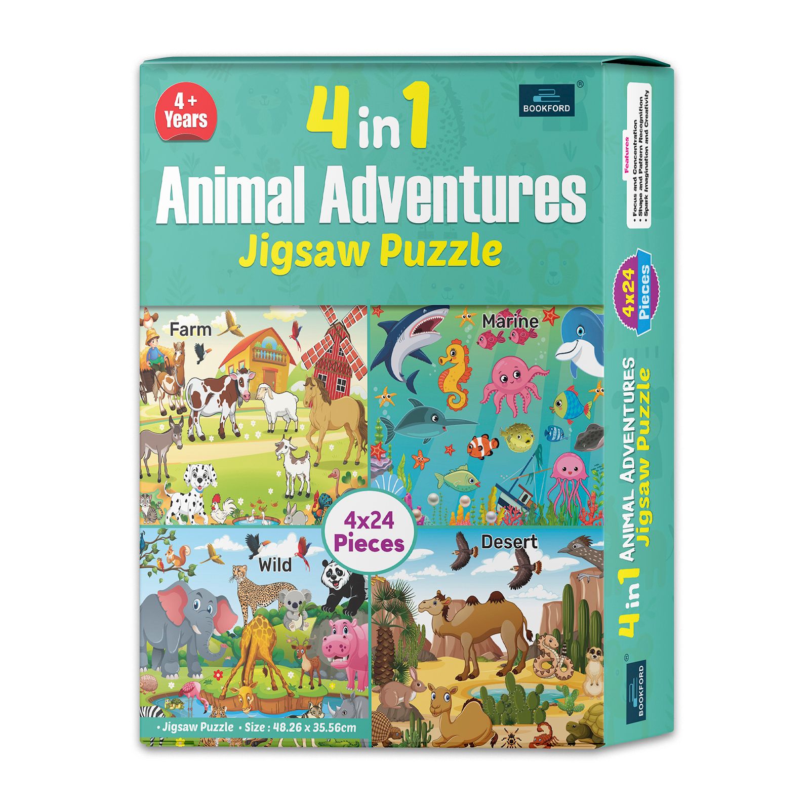 4 In 1 Animals Adventures Jigsaw Puzzle Game & Fun And Learning 96 Pieces For Kids