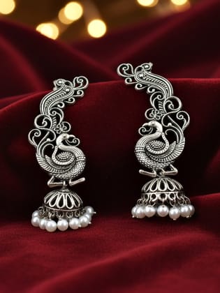 LUCKY JEWELLERY Oxidised  Peacock Design Ear Cuff  with Pearl Drop for Women (159-KK2O-8158)