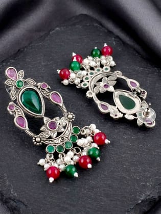 LUCKY JEWELLERY Oxidised  Green Stone Chandelier Earrings with Magenta & Green  (476-KEO-16219-RG)