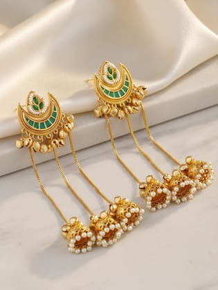 LUCKY JEWELLERY Gold-Plated Kashmiri Chandbali Earrings with Green Stone & Triple (819-KJG-25016-G)