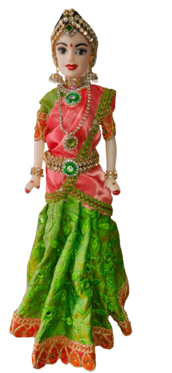 Traditional Indian decorative half saree doll in green and orange