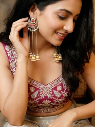 LUCKY JEWELLERY Oxidized  Kashmiri Chandbali Earrings with Magenta Stone & Triple (819-KJO-25016-R)