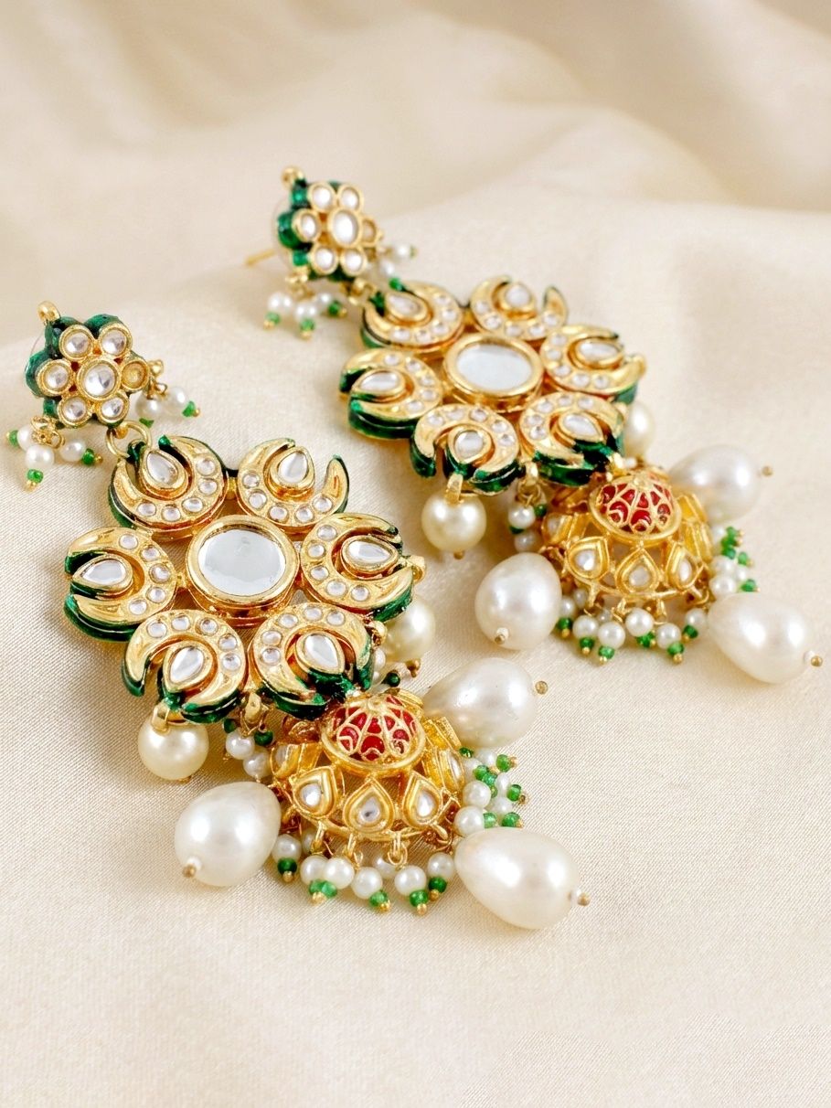LUCKY JEWELLERY 18K Gold-Plated Kundan  Earrings with White  for Girls & Women (1320-J5EK-2301-W)