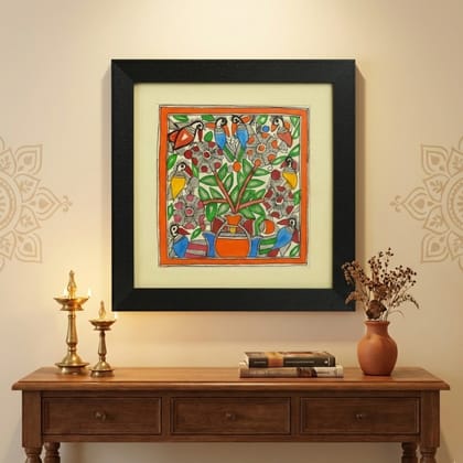 Wall Décor for Home & Office | Hand‑Painted Madhubani Kalash with Birds, 28×28 cm Frame with Glass | Jaya Artisan Store