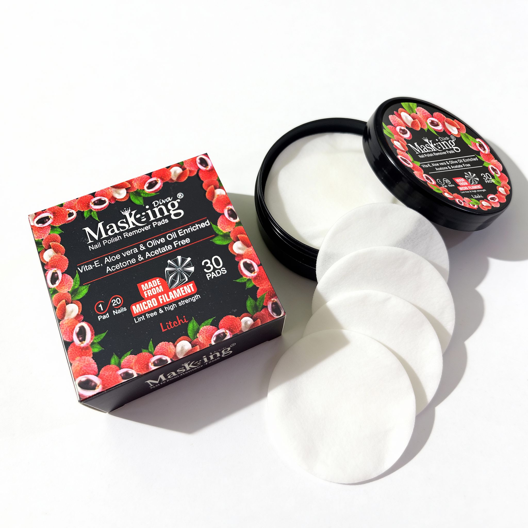 MasKing Nail Polish Remover Pads | Acetone-Free, Gentle & Nourishing Formula with Litchi Extracts | Quick & Easy Nail Polish Removal Wipes for Dark Shades | Travel-Friendly | 30 Pads Each | Pack of 2
