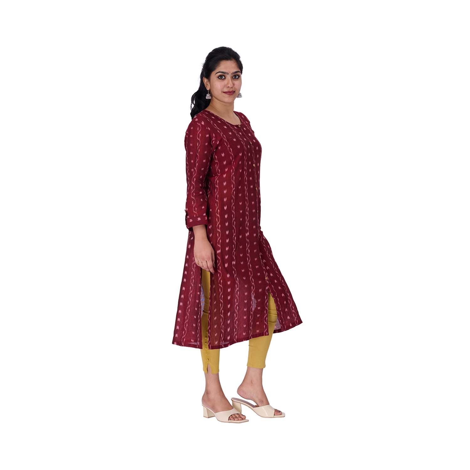 GHL GUENDICHA HAAT Sambalpuri Certified Handloom Women's Pure Cotton Round Neck Front Slit Kurta