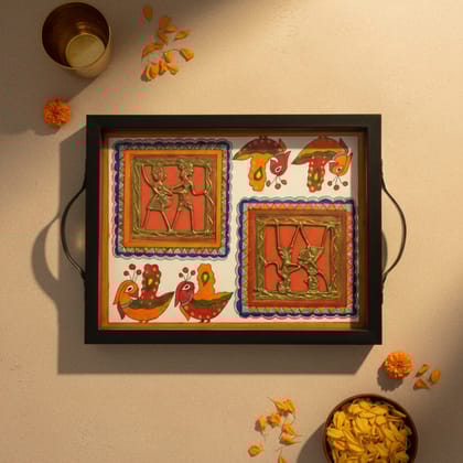 Multipurpose Tray for Serving & Décor | Hand‑Painted Madhubani with Brass Figurines, 9×11 in | Jaya Artisan Store