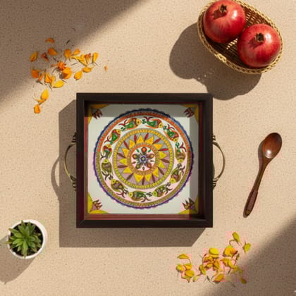 Multipurpose Tray for Serving & Décor | Hand‑Painted Madhubani Fish Mandala in Wood, 8.5x8.5 in | Jaya Artisan Store