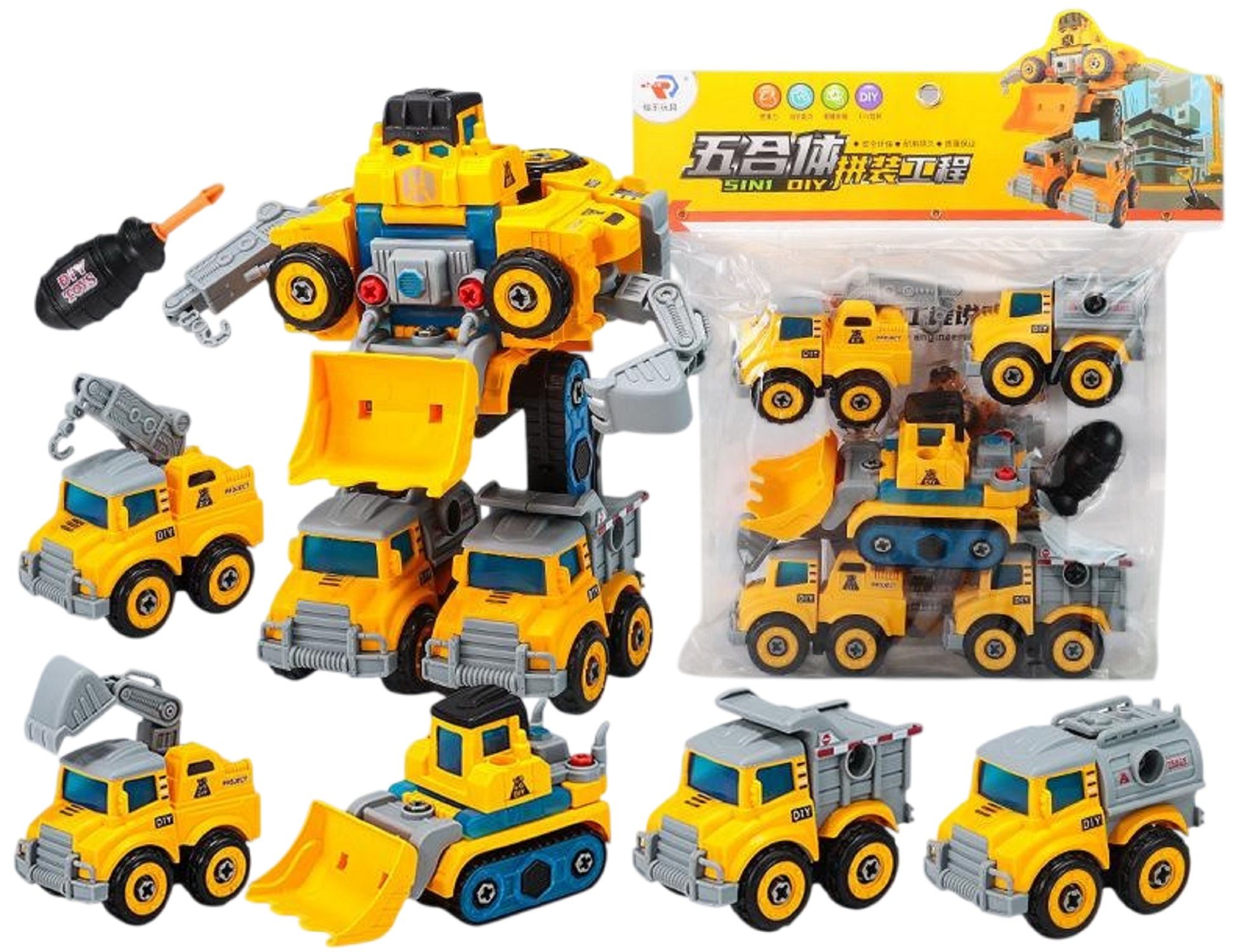 KTRS Enterprise 5 in 1 Construction Trucks Take Apart Robot Toys Vehicle Set Assembly Car Construction Transform Into Robot Building Block Play Set for Kids