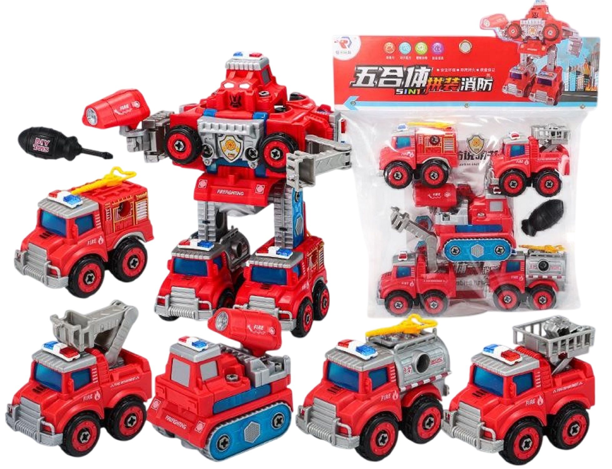 KTRS Enterprise 5 in 1 Fire Fighting Trucks Take Apart Robot Toys Vehicle Set Assembly Car Construction Transform Into Robot Building Block Play Set for Kids