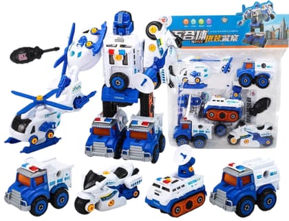 KTRS Enterprise 5 in 1 Police Vehicles Trucks Take Apart Robot Toys Vehicle Set Assembly Car Construction Transform Into Robot Building Block Play Set for Kids