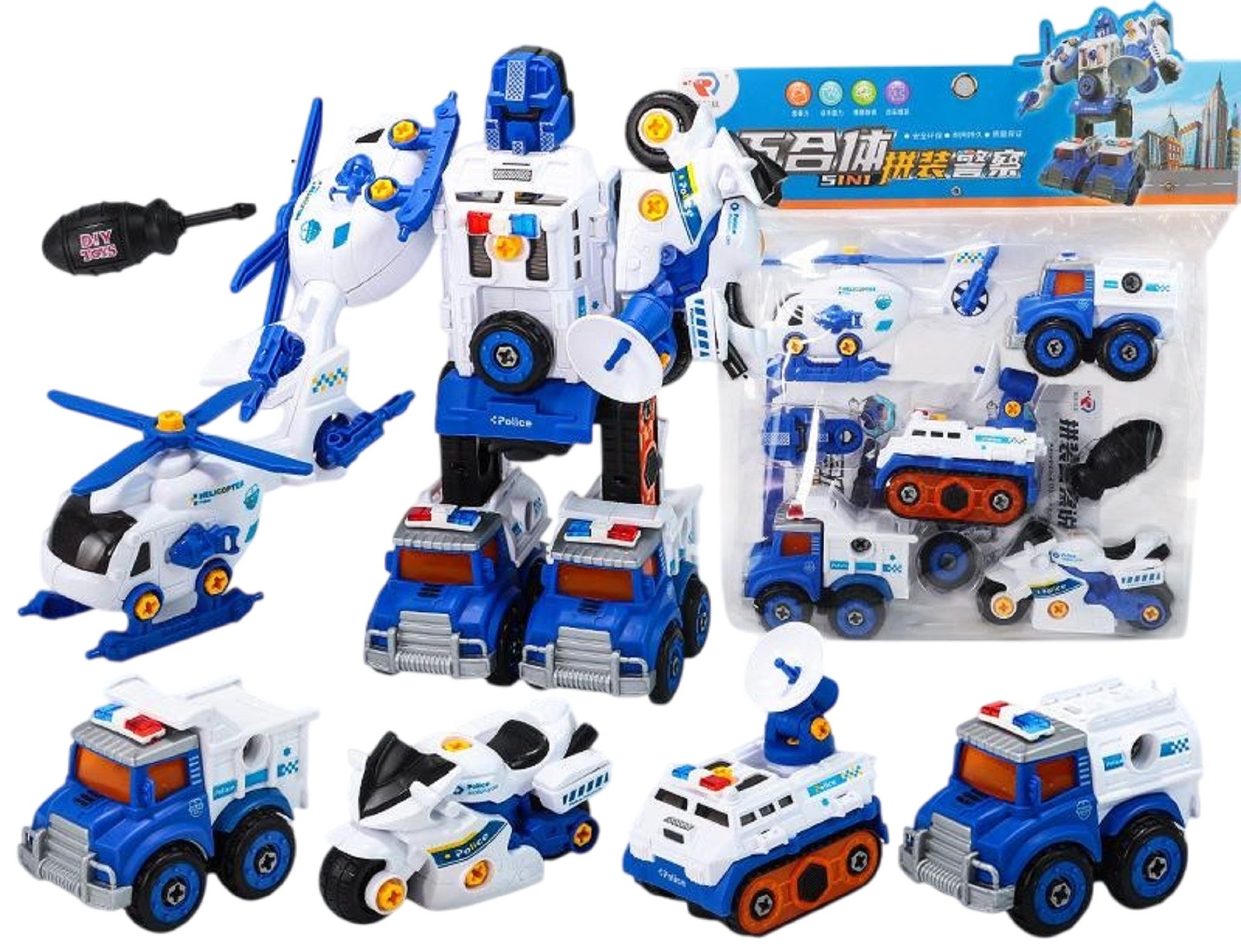 KTRS Enterprise 5 in 1 Police Vehicles Trucks Take Apart Robot Toys Vehicle Set Assembly Car Construction Transform Into Robot Building Block Play Set for Kids