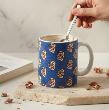 Coffee & Tea Mug - Block‑Printed Ceramic (Blue), 9.5×12 cm | Jaya Artisan Store
