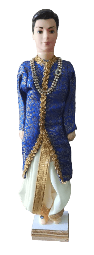 Traditional Indian Groom Doll in Dark Blue Sherwani with Gold Embroidery