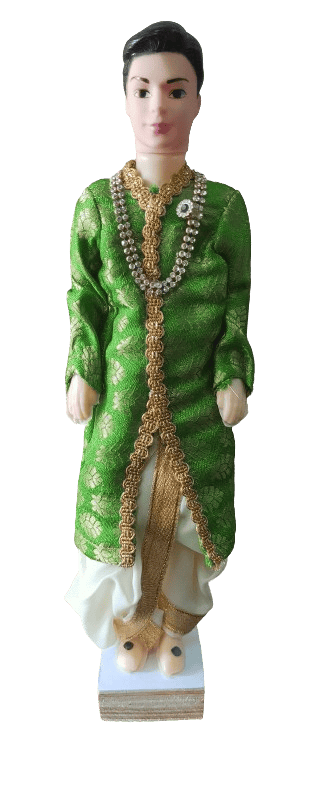 Traditional Indian Groom Doll in Green Sherwani with Gold Embroidery