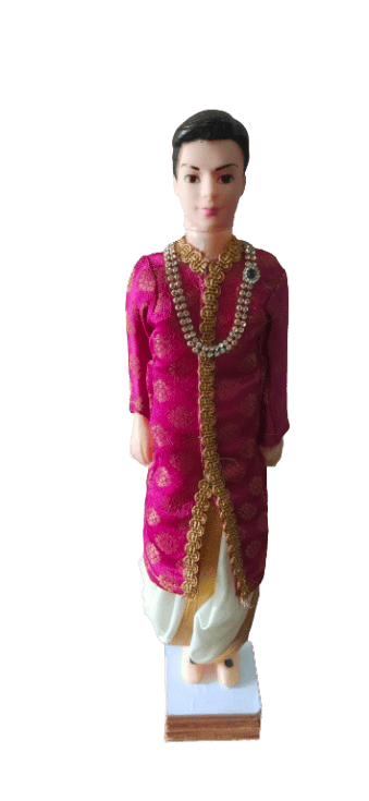 Traditional Indian Groom Doll in Dark Pink Sherwani with Gold Embroidery