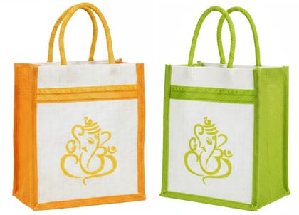 SS Eco-Life Big Size Printed Jute Return Gift Bags 12x10x4 Inch | Ganesha Design Wedding & Function Gift Bags | Pack of 10