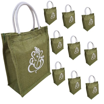 SS Eco-Life Pack of 10 Eco-Friendly Jute Return Gift Bags with Ganesh Print | Rope Handle | Velcro Closure | Reusable Thamboolam Bags for Pooja, Wedding & Festive Gifting
