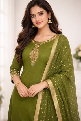 Olive Green Embroidered Semi-Stitched Salwar Suit with Dupatta