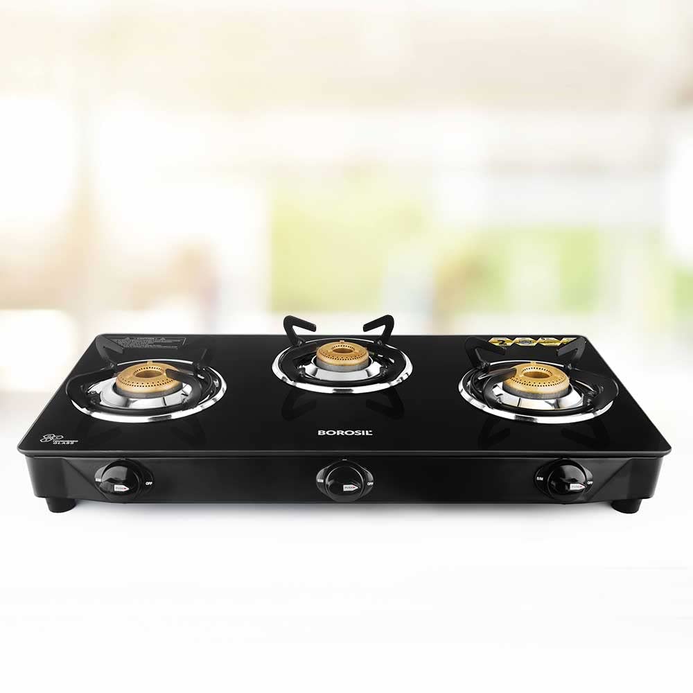 Borosil Magnum Gas Stove (Made in India) | 6 mm Toughened Borosilicate Glass Top | ISI Certified LPG Gas Stove | 360⁰ Revolving nozzle | High Effeciency Burner | 2 Years Warranty (3 Burner) - Cookware | Buy online on ZillyBuy