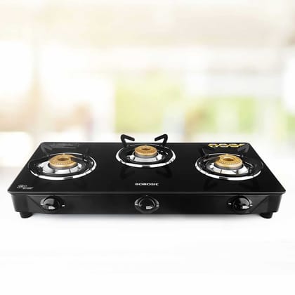 Borosil Magnum Gas Stove (Made in India) | 6 mm Toughened Borosilicate Glass Top | ISI Certified LPG Gas Stove | 360⁰ Revolving nozzle | High Effeciency Burner | 2 Years Warranty (3 Burner)